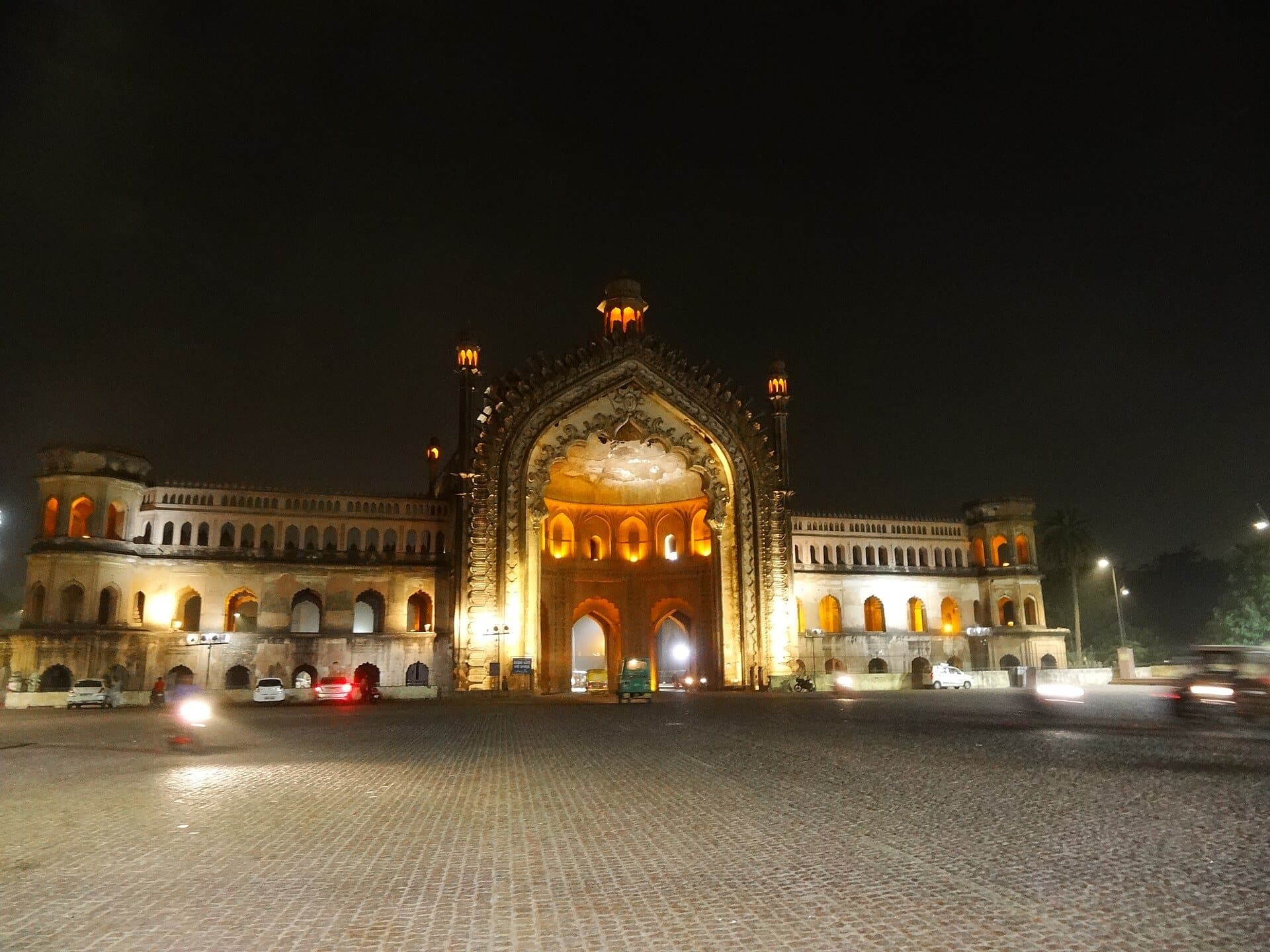 Rumi Darwaza, the historic gateway of Lucknow, lit at night