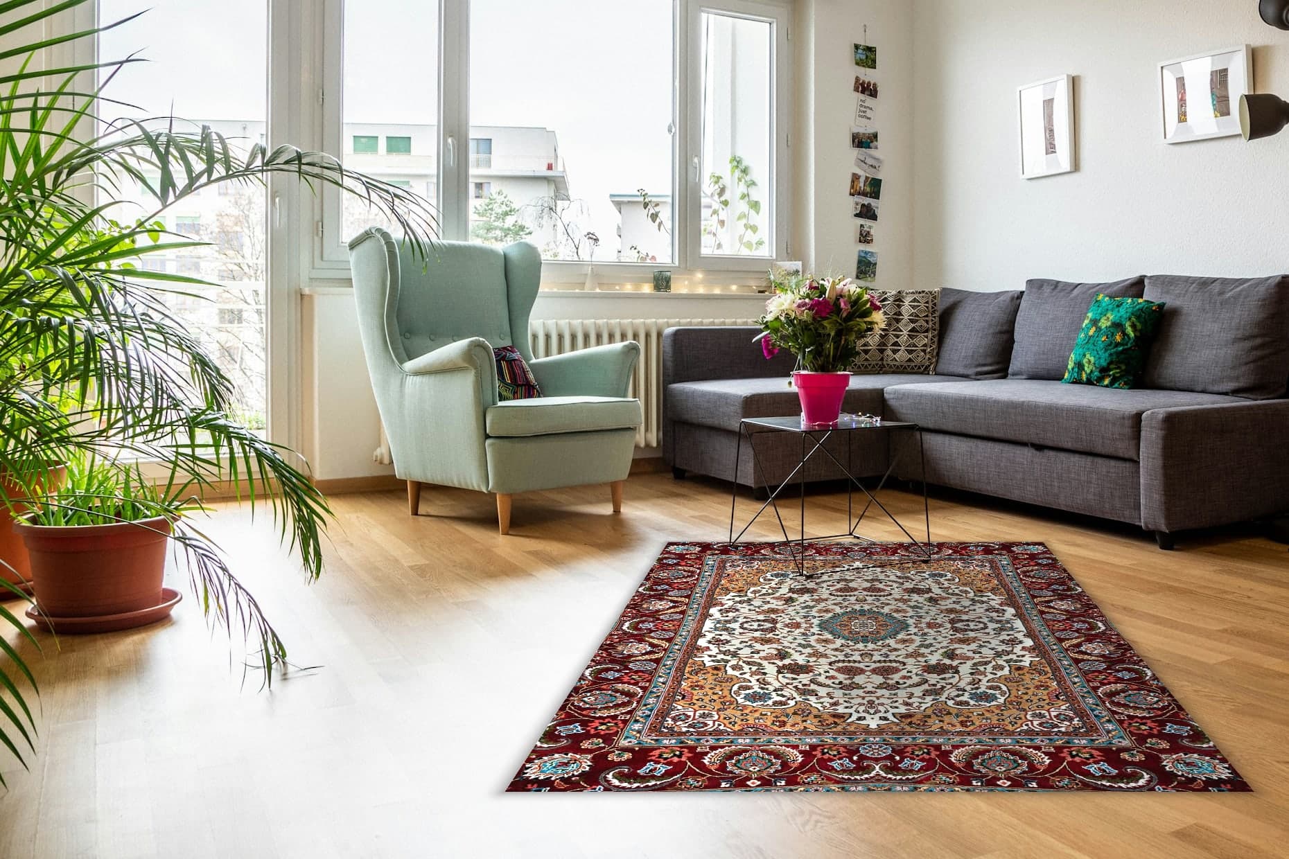 Nawabi Medallion hand-knotted carpet in a sunlit living room